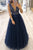 Sparkly A Line V Neck Floor Length Sleeveless Beaded Sequins Long Navy Blue Tulle Prom Dress OHC344 | Cathyprom