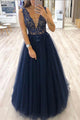 Sparkly A Line V Neck Floor Length Sleeveless Beaded Sequins Long Navy Blue Tulle Prom Dress OHC344 | Cathyprom