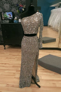 Sparkling One Shoulder Two-piece Split Mermaid Silver Prom Party Dress LPD67 | Cathyprom
