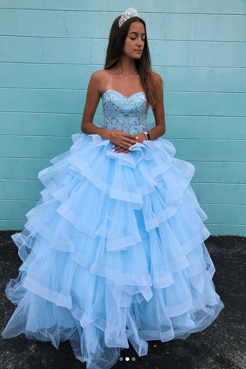 Elegant Sweetheart Neck Blue Tulle Multi-layered Long Beaded Ball Gown cathyprom Elegant Sweetheart Neck Blue Tulle Multi-layered Long Beaded Ball Gown cathyprom