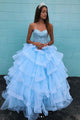 Elegant Sweetheart Neck Blue Tulle Multi-layered Long Beaded Ball Gown Formal Prom Dress OHC380 | Cathyprom