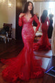 Mermaid Deep V-neck Long Sleeves Sweep Train Red Prom Dress with Lace Beading P90 | Cathyprom