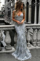 Mermaid Deep V-Neck Backless Sweep Train Grey Tulle Prom Dress with Appliques Z33