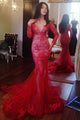 Mermaid Deep V-neck Long Sleeves Sweep Train Red Prom Dress with Lace Beading P90 | Cathyprom