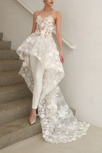 Two Piece Illusion Round Neck High-Low Wedding Jumpsuit/Dress with Appliques OHD055 | Cathyprom