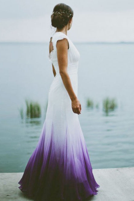 A-Line V-Neck Open Back Ombre Purple Chiffon Wedding Dress with Lace O – cathyprom