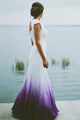 A-Line V-Neck Open Back Ombre Purple Chiffon Wedding Dress with Lace OHD013 | Cathyprom