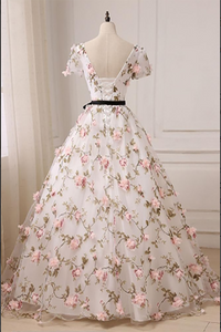 A-Line Floor Length V-Neck Prom Dresses Tulle Appliqued Long Prom Dresses With Short Sleeves LPD4