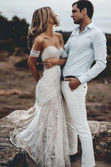mermaid boho wedding dress Simple White Backless Diamond White / 2 Sweep Train 8 Mermaid Lace Beach Wedding Dress
