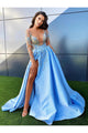 Sexy Prom Dress Blue Satin A-Line Side Slit Long Sleeves Prom Dresses Evening Dresses OHC600
