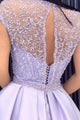 A-Line Crew Cap Sleeves Open Back Lilac Beaded Long Prom Dress with Pockets Split L35 | Cathyprom