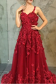 A Line Spaghetti Strap Burgundy Sleeveless Appliques Long Prom Dress OHC173 | Cathyprom
