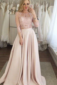 Two Piece Crew 3/4 Sleeves Floor-Length Pink Prom Dress with Lace Pockets LPD80 | Cathyprom