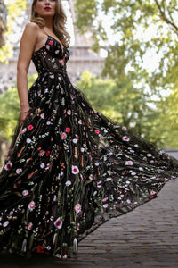 A-Line Spaghetti Straps Floor-Length Black Lace Prom Dress with Appliques LPD81 | Cathyprom