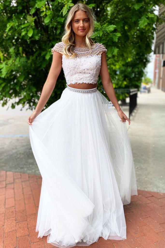 Simple Two Pieces White Lace Long Prom Dress With Beadings CMS211202 cathyprom Simple Two Pieces White Lace Long Prom Dress With Beadings CMS211202 cathyprom