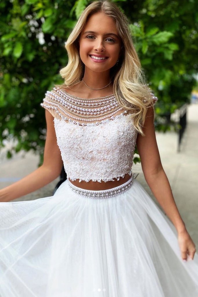 Simple Two Pieces White Lace Long Prom Dress With Beadings CMS211202 cathyprom Simple Two Pieces White Lace Long Prom Dress With Beadings CMS211202 cathyprom