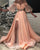 Peach Pink Beaded Lace Off Shoulder Side Slit Gown Prom Dress DB5496