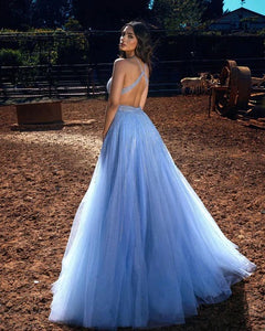 Blue Halter Tulle Beading Long Prom Party Evening Dress SNH010