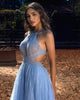 Blue Halter Tulle Beading Long Prom Party Evening Dress SNH010
