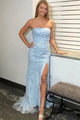 Light Sky Blue Strapless Mermaid Appliqued Long Prom Dresses BP1498