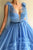 Tulle Prom Dresses Deep V Neck Blue Sleeveless Layers Floor Length Long Prom Dress OHC517
