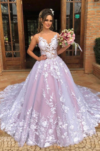 A-line V Neck Sleeveless Tulle Appliques Long Prom Wedding Gown OHD094 | Cathyprom