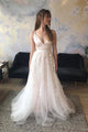A-Line V-Neck Sweep Train Pearl Pink Wedding Dress with Appliques OHD060 | Cathyprom