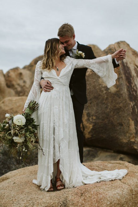 A-Line V-Neck Bell Sleeves Sweep Train Wedding Dress with Split OHD081 cathyprom A-Line V-Neck Bell Sleeves Sweep Train Wedding Dress with Split OHD081 cathyprom