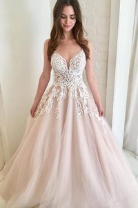 A-Line Spaghetti Straps Pearl Pink Wedding Dress with Appliques OHD090 | Cathyprom