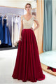 Elegant A Line V Neck Floor Length Beadings Satin Open Back Prom Dresses OHC535