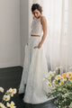 Two Piece Crew Open Back Sweep Train Ivory Lace Wedding Dress with Pockets OHD052 | Cathyprom