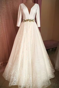 A Line Long Sleeve V Neck Satin Wedding Dresses Simple Wedding Gown Bridal Gown OHD191