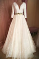 A Line Long Sleeve V Neck Satin Wedding Dresses Simple Wedding Gown Bridal Gown OHD191