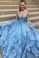 Sky Blue Beading V-neck Unique Organza Ball Gown Sleeveless Prom Dresses LPD14