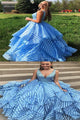 Sky Blue Beading V-neck Unique Organza Ball Gown Sleeveless Prom Dresses LPD14