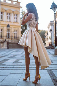 High Low V Neck Satin Homecoming Dresses with Appliques OHM017 | Cathyprom