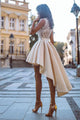 High Low V Neck Satin Homecoming Dresses with Appliques OHM017 | Cathyprom