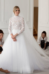 A-Line High Neck Long Sleeves Sweep Train Detachable Tulle Wedding Dress OHD113 | Cathyprom