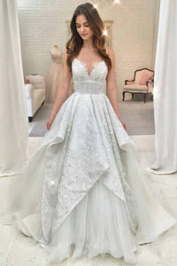 A-Line Spaghetti Straps Sweep Train White Wedding Dress with Lace OHD071 | Cathyprom