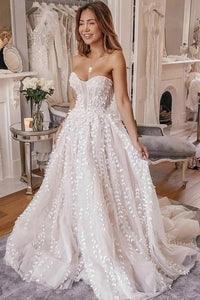 A-Line Sweetheart Sweep Train Ivory Wedding Dress with Appliques OHD089 | Cathyprom