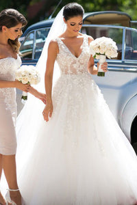 A-Line V-Neck Sweep Train White Wedding Dress with Appliques OHD075 | Cathyprom