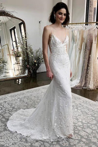 Mermaid Spaghetti Straps Sweep Train White Appliqued Wedding Dress OHD082 | Cathyprom