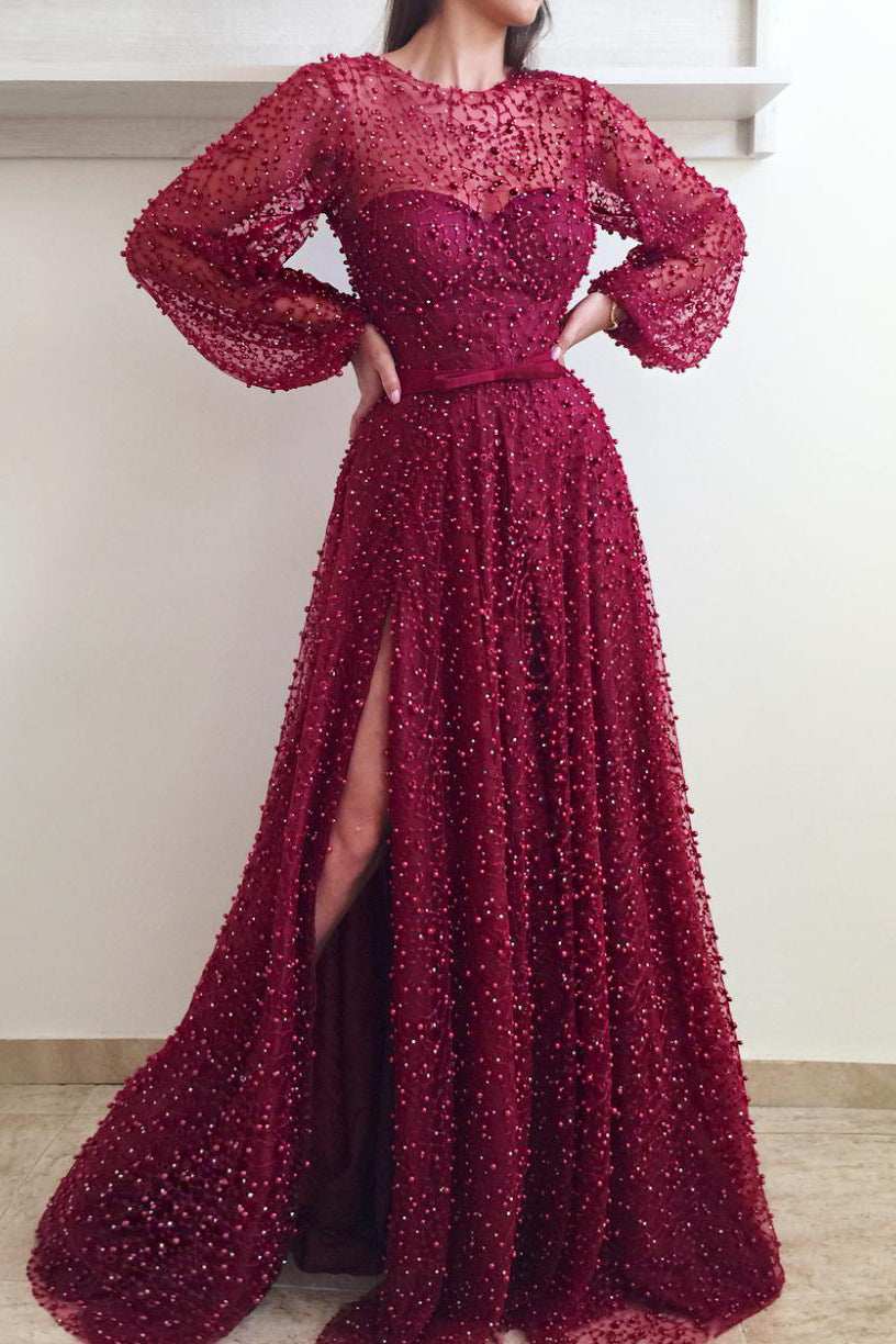 Sparkly A-line Long Sleeve Prom Dresses Long Burgundy Lace Beading Sli cathyprom Sparkly A-line Long Sleeve Prom Dresses Long Burgundy Lace Beading Sli cathyprom