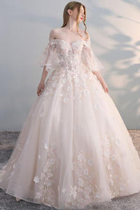 Chic Ball Gown Off-the-shoulder Sweep Train Half Sleeves Long Tulle Bridal Gown Wedding Dresses OHD158 | Cathyprom