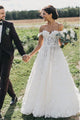 Sleeveless A-Line Off-the-Shoulder Sweep Train Wedding Dress with Appliques OHD056 | Cathyprom