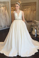 A-Line V-Neck Open Back Sweep Train White Satin Wedding Dress with Beading Pockets OHD007 | Cathyprom