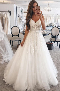 A-Line Spaghetti Straps Sweep Train White Sleeveless Tulle Wedding Dress Bridal Gown with Appliques OHD119 | Cathyprom