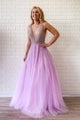 Modest Sexy A-Line Deep V-Neck Sweep Train Sleeveless Beaded Long Tulle Prom Dress OHC305 | Cathyprom