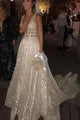 Sparkly A Line Deep V Neck Sweep Train Backless Sleeveless Sequins Wedding Dress OHD093 | Cathyprom