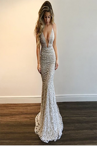 Charming Lace Mermaid Backless Beaded V-Neck Tulle Dresses MPD1